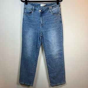 RISEN Women's High Rise Crossover Straight Leg Blue Medium Wash Stretch Sz 31x29